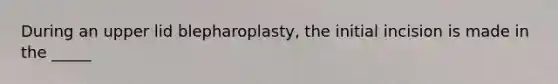 During an upper lid blepharoplasty, the initial incision is made in the _____