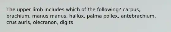 The upper limb includes which of the following? carpus, brachium, manus manus, hallux, palma pollex, antebrachium, crus auris, olecranon, digits