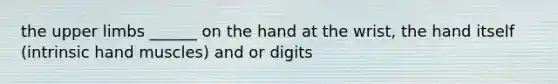 the upper limbs ______ on the hand at the wrist, the hand itself (intrinsic hand muscles) and or digits