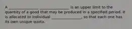 A ________________ ________________ is an upper limit to the quantity of a good that may be produced in a specified period. It is allocated to individual ________________, so that each one has its own unique quota.