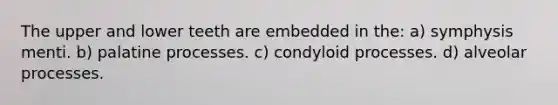 The upper and lower teeth are embedded in the: a) symphysis menti. b) palatine processes. c) condyloid processes. d) alveolar processes.