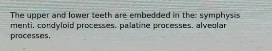 The upper and lower teeth are embedded in the: symphysis menti. condyloid processes. palatine processes. alveolar processes.