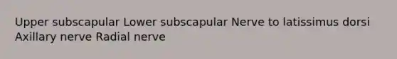 Upper subscapular Lower subscapular Nerve to latissimus dorsi Axillary nerve Radial nerve