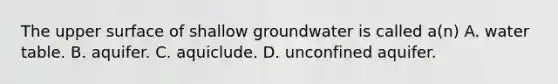 The upper surface of shallow groundwater is called a(n) A. water table. B. aquifer. C. aquiclude. D. unconfined aquifer.