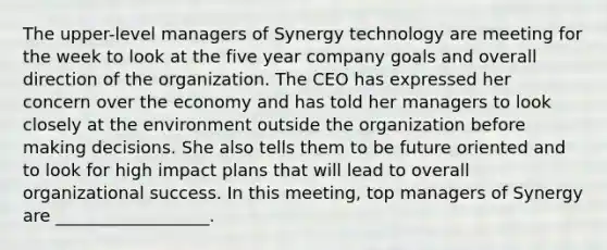 The upper-level managers of Synergy technology are meeting for the week to look at the five year company goals and overall direction of the organization. The CEO has expressed her concern over the economy and has told her managers to look closely at the environment outside the organization before making decisions. She also tells them to be future oriented and to look for high impact plans that will lead to overall organizational success. In this meeting, top managers of Synergy are __________________.