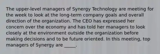 The upper-level managers of Synergy Technology are meeting for the week to look at the long-term company goals and overall direction of the organization. The CEO has expressed her concern over the economy and has told her managers to look closely at the environment outside the organization before making decisions and to be future oriented. In this meeting, top managers of Synergy are _____.