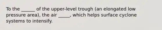 To the ______ of the upper-level trough (an elongated low pressure area), the air _____, which helps surface cyclone systems to intensify.