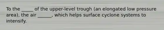To the _____ of the upper-level trough (an elongated low pressure area), the air ______, which helps surface cyclone systems to intensify.