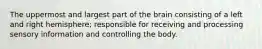 The uppermost and largest part of the brain consisting of a left and right hemisphere; responsible for receiving and processing sensory information and controlling the body.