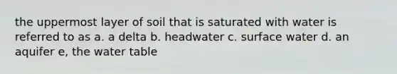 the uppermost layer of soil that is saturated with water is referred to as a. a delta b. headwater c. surface water d. an aquifer e, <a href='https://www.questionai.com/knowledge/kra6qgcwqy-the-water-table' class='anchor-knowledge'>the water table</a>