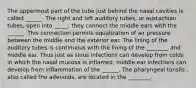 The uppermost part of the tube just behind the nasal cavities is called ______. The right and left auditory tubes, or eustachian tubes, open into _____; they connect the middle ears with the ______. This connection permits equalization of air pressure between the middle and the exterior ear. The lining of the auditory tubes is continuous with the lining of the ________ and middle ear. Thus just as sinus infections can develop from colds in which the nasal mucosa is inflamed, middle ear infections can develop from inflammation of the ______. The pharyngeal tonsils , also called the adenoids, are located in the ________.