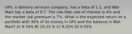 UPS, a delivery services company, has a beta of 1.1, and Wal-Mart has a beta of 0.7. The risk-free rate of interest is 4% and the market risk premium is 7%. What is the expected return on a portfolio with 30% of its money in UPS and the balance in Wal-Mart? A) 9.74% B) 10.23 % C) 9.25% D) 9.55%