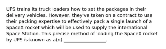 UPS trains its truck loaders how to set the packages in their delivery vehicles. However, they've taken on a contract to use their packing expertise to effectively pack a single launch of a SpaceX rocket which will be used to supply the international Space Station. This precise method of loading the SpaceX rocket by UPS is known as a(n) __________________.