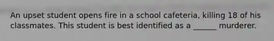 An upset student opens fire in a school cafeteria, killing 18 of his classmates. This student is best identified as a ______ murderer.