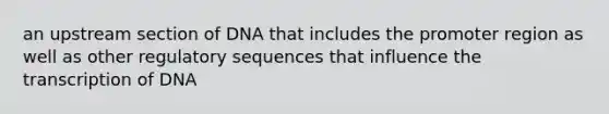 an upstream section of DNA that includes the promoter region as well as other regulatory sequences that influence the transcription of DNA