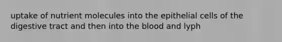 uptake of nutrient molecules into the epithelial cells of the digestive tract and then into <a href='https://www.questionai.com/knowledge/k7oXMfj7lk-the-blood' class='anchor-knowledge'>the blood</a> and lyph