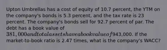 Upton Umbrellas has a cost of equity of 10.7 percent, the YTM on the company's bonds is 5.3 percent, and the tax rate is 23 percent. The company's bonds sell for 92.7 percent of par. The debt has a book value of 381,000 and total assets have a book value of943,000. If the market-to-book ratio is 2.47 times, what is the company's WACC?