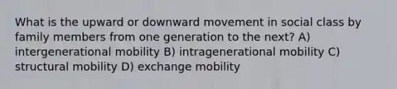 What is the upward or downward movement in social class by family members from one generation to the next? A) intergenerational mobility B) intragenerational mobility C) structural mobility D) exchange mobility