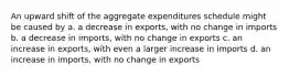 An upward shift of the aggregate expenditures schedule might be caused by a. a decrease in exports, with no change in imports b. a decrease in imports, with no change in exports c. an increase in exports, with even a larger increase in imports d. an increase in imports, with no change in exports