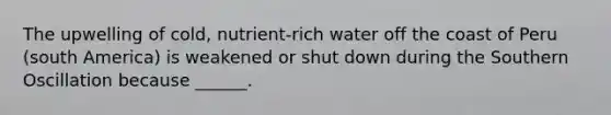 The upwelling of cold, nutrient-rich water off the coast of Peru (south America) is weakened or shut down during the Southern Oscillation because ______.