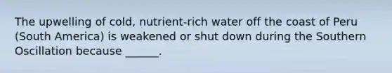 The upwelling of cold, nutrient-rich water off the coast of Peru (South America) is weakened or shut down during the Southern Oscillation because ______.