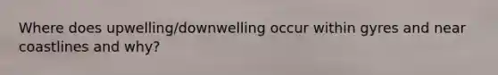 Where does upwelling/downwelling occur within gyres and near coastlines and why?