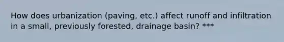 How does urbanization (paving, etc.) affect runoff and infiltration in a small, previously forested, drainage basin? ***