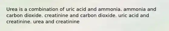 Urea is a combination of uric acid and ammonia. ammonia and carbon dioxide. creatinine and carbon dioxide. uric acid and creatinine. urea and creatinine