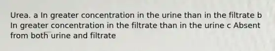 Urea. a In greater concentration in the urine than in the filtrate b In greater concentration in the filtrate than in the urine c Absent from both urine and filtrate