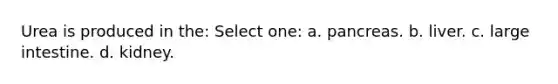 Urea is produced in the: Select one: a. pancreas. b. liver. c. <a href='https://www.questionai.com/knowledge/kGQjby07OK-large-intestine' class='anchor-knowledge'>large intestine</a>. d. kidney.
