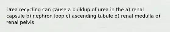 Urea recycling can cause a buildup of urea in the a) renal capsule b) nephron loop c) ascending tubule d) renal medulla e) renal pelvis