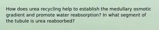 How does urea recycling help to establish the medullary osmotic gradient and promote water reabsorption? In what segment of the tubule is urea reabsorbed?