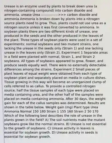 Urease is an enzyme used by plants to break down urea (a nitrogen-containing compound) into carbon dioxide and ammonia. urease Urea --------------->>> carbon dioxide and ammonia Ammonia is broken down by plants into a nitrogen source plants need to grow. Thus, plants could not use urea as a nitrogen source unless it was first converted to ammonia. In soybean plants there are two different kinds of urease, one produced in the seeds and the other produced in the leaves of the plant. Three types of soybean plants were used in a set of experiments: normal soybeans and two mutant strains, one lacking the urease in the seeds only (Strain 1) and one lacking urease in the leaves only (Strain 2). Experiment 1 Separate areas in a field were planted with normal, Strain 1, and Strain 2 soybeans. All types of soybeans appeared to grow, flower, and produce seeds equally well. There were no externally detectable differences among the strains. Experiment 2 Small pieces of plant leaves of equal weight were obtained from each type of soybean plant and separately placed on media in culture dishes. Tissue growing in this way will become an unorganized clump of cells referred to as callus. To provide a controlled nitrogen source, half the tissue samples of each type were placed on media containing urea, and the other half of the samples were placed on media containing ammonia. After 30 days, the weight gain for each of the callus samples was determined. Results are shown in the table below. Weight gain (mg) Plant type Urea Ammonia Normal 150 180 Strain 1 155 160 Strain 2 50 170 Which of the following best describes the role of urease in the plants grown in the field? A) The soil nutrients make the mutant soybeans grow like the normal strains. B) Urease is not essential to the growth of soybeans. C) Urease activity in leaves is essential for soybean growth. D) Urease activity in seeds is essential for soybean growth.