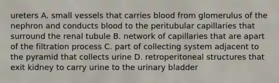 ureters A. small vessels that carries blood from glomerulus of the nephron and conducts blood to the peritubular capillaries that surround the renal tubule B. network of capillaries that are apart of the filtration process C. part of collecting system adjacent to the pyramid that collects urine D. retroperitoneal structures that exit kidney to carry urine to the urinary bladder