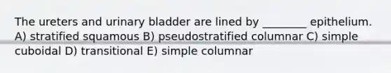 The ureters and <a href='https://www.questionai.com/knowledge/kb9SdfFdD9-urinary-bladder' class='anchor-knowledge'>urinary bladder</a> are lined by ________ epithelium. A) stratified squamous B) pseudostratified columnar C) simple cuboidal D) transitional E) simple columnar