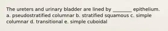 The ureters and <a href='https://www.questionai.com/knowledge/kb9SdfFdD9-urinary-bladder' class='anchor-knowledge'>urinary bladder</a> are lined by ________ epithelium. a. pseudostratified columnar b. stratified squamous c. simple columnar d. transitional e. simple cuboidal