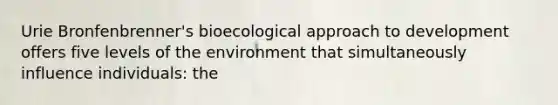 Urie Bronfenbrenner's bioecological approach to development offers five levels of the environment that simultaneously influence individuals: the