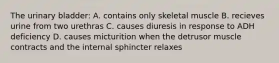 The urinary bladder: A. contains only skeletal muscle B. recieves urine from two urethras C. causes diuresis in response to ADH deficiency D. causes micturition when the detrusor muscle contracts and the internal sphincter relaxes