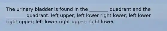 The urinary bladder is found in the ________ quadrant and the ________ quadrant. left upper; left lower right lower; left lower right upper; left lower right upper; right lower