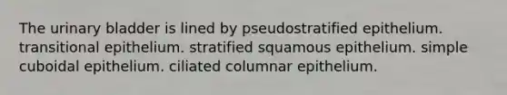 The <a href='https://www.questionai.com/knowledge/kb9SdfFdD9-urinary-bladder' class='anchor-knowledge'>urinary bladder</a> is lined by pseudostratified epithelium. transitional epithelium. stratified squamous epithelium. simple cuboidal epithelium. ciliated columnar epithelium.