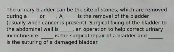 The urinary bladder can be the site of stones, which are removed during a ____ or ____. A _____ is the removal of the bladder (usually when cancer is present). Surgical fixing of the bladder to the abdominal wall is _____, an operation to help correct urinary incontinence. _____ is the surgical repair of a bladder and ______ is the suturing of a damaged bladder.