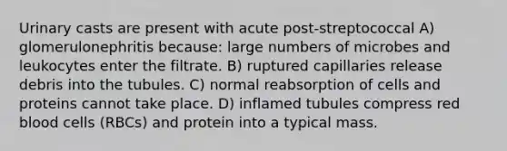 Urinary casts are present with acute post-streptococcal A) glomerulonephritis because: large numbers of microbes and leukocytes enter the filtrate. B) ruptured capillaries release debris into the tubules. C) normal reabsorption of cells and proteins cannot take place. D) inflamed tubules compress red blood cells (RBCs) and protein into a typical mass.