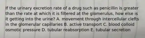 If the urinary excretion rate of a drug such as penicillin is <a href='https://www.questionai.com/knowledge/ktgHnBD4o3-greater-than' class='anchor-knowledge'>greater than</a> the rate at which it is filtered at the glomerulus, how else is it getting into the urine? A. movement through intercellular clefts in the glomerular capillaries B. active transport C. blood colloid osmotic pressure D. tubular reabsorption E. tubular secretion