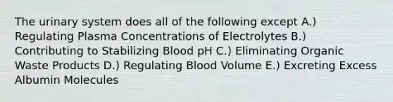 The urinary system does all of the following except A.) Regulating Plasma Concentrations of Electrolytes B.) Contributing to Stabilizing Blood pH C.) Eliminating Organic Waste Products D.) Regulating Blood Volume E.) Excreting Excess Albumin Molecules