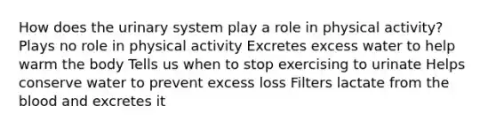 How does the urinary system play a role in physical activity? Plays no role in physical activity Excretes excess water to help warm the body Tells us when to stop exercising to urinate Helps conserve water to prevent excess loss Filters lactate from the blood and excretes it