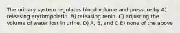 The urinary system regulates blood volume and pressure by A) releasing erythropoietin. B) releasing renin. C) adjusting the volume of water lost in urine. D) A, B, and C E) none of the above