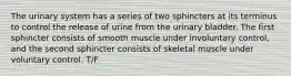 The urinary system has a series of two sphincters at its terminus to control the release of urine from the urinary bladder. The first sphincter consists of smooth muscle under involuntary control, and the second sphincter consists of skeletal muscle under voluntary control. T/F