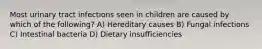 Most urinary tract infections seen in children are caused by which of the following? A) Hereditary causes B) Fungal infections C) Intestinal bacteria D) Dietary insufficiencies