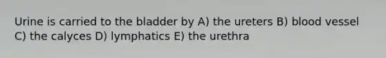 Urine is carried to the bladder by A) the ureters B) blood vessel C) the calyces D) lymphatics E) the urethra