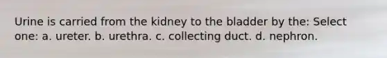 Urine is carried from the kidney to the bladder by the: Select one: a. ureter. b. urethra. c. collecting duct. d. nephron.